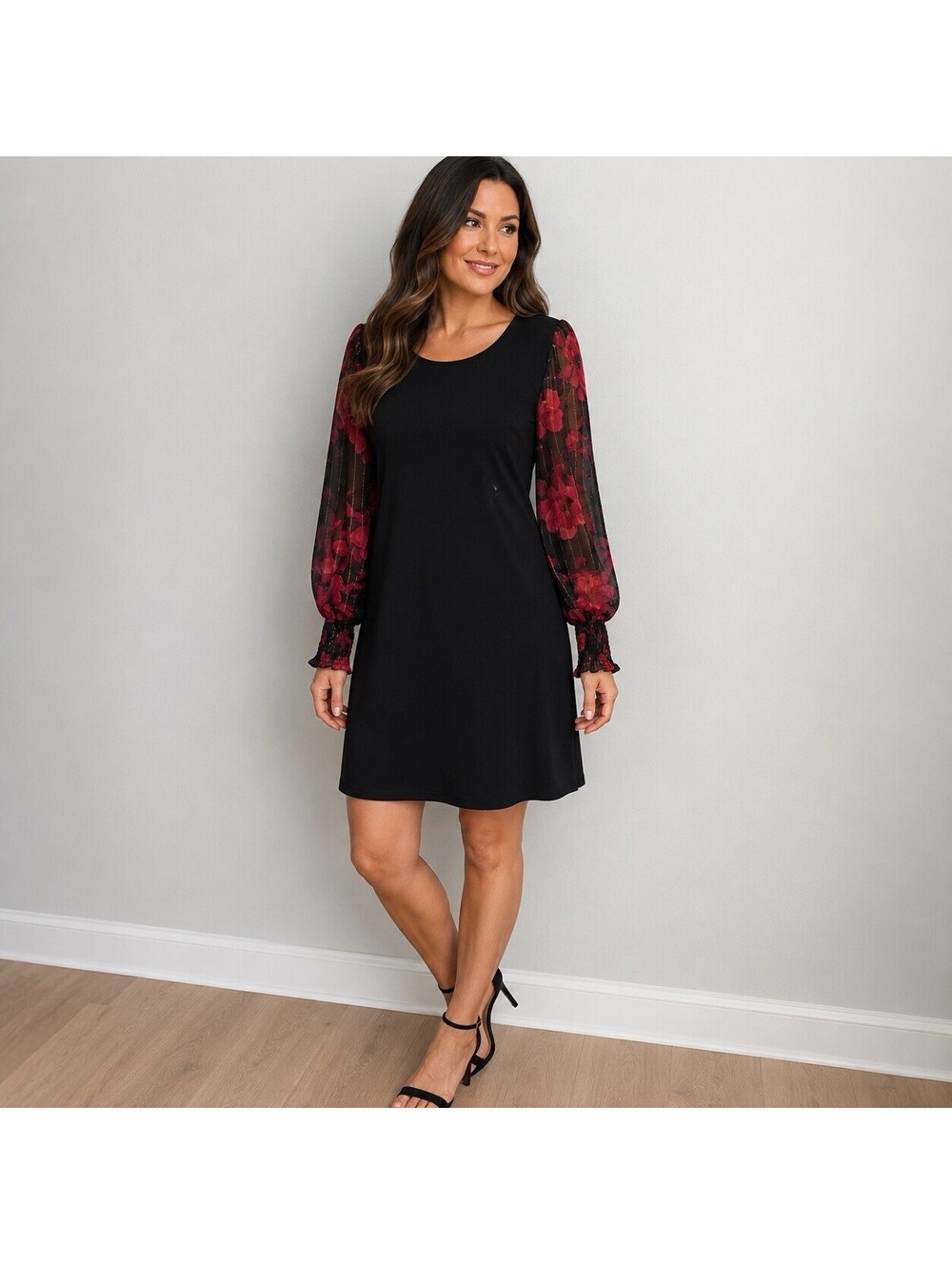 MSK Black Floral Sheer Sleeve Shift Dress M NWT Romantic Goth Cocktail Party